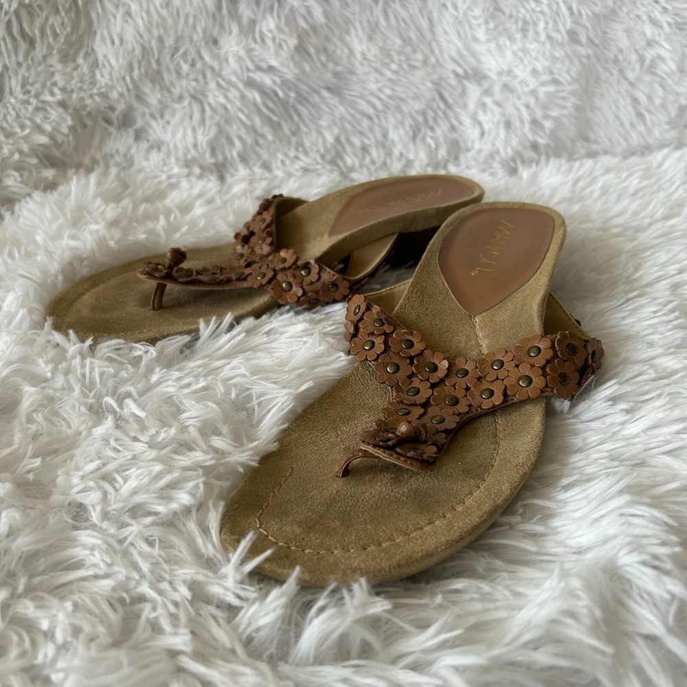 Markon Cordelia Sandals Womens‎ 7.5 Brown Slip On Wedge Floral Boho Cottagecore